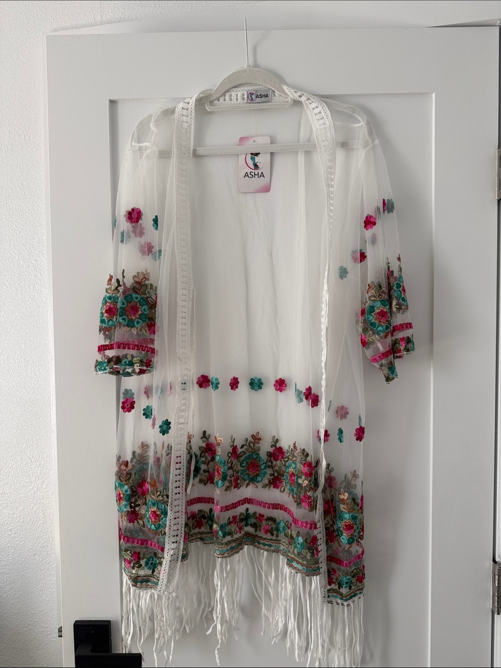 White Sheer Embroidered Kimono Jacket with Floral Trim